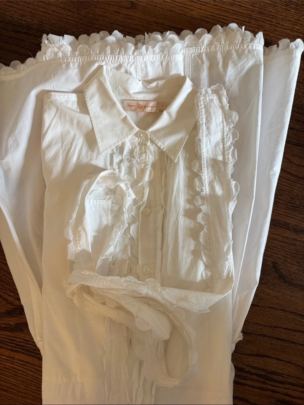 Tory Burch White Scalloped Trim Midi Shirt Dress